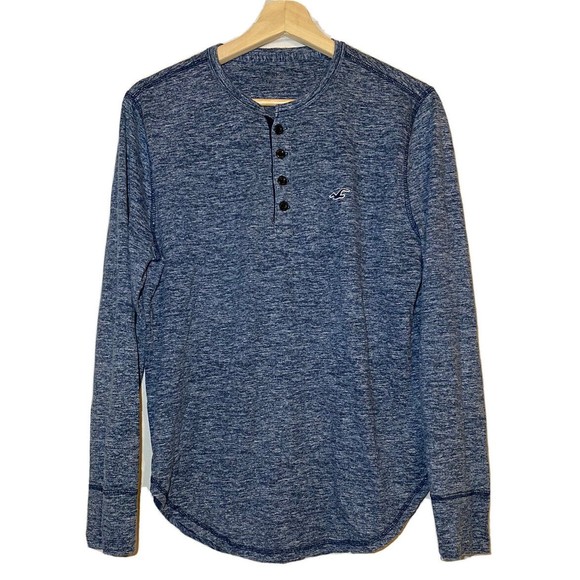 Hollister Henley Shirt Men Small Curved Hem Long Sleeve Blue - Picture 1 of 6